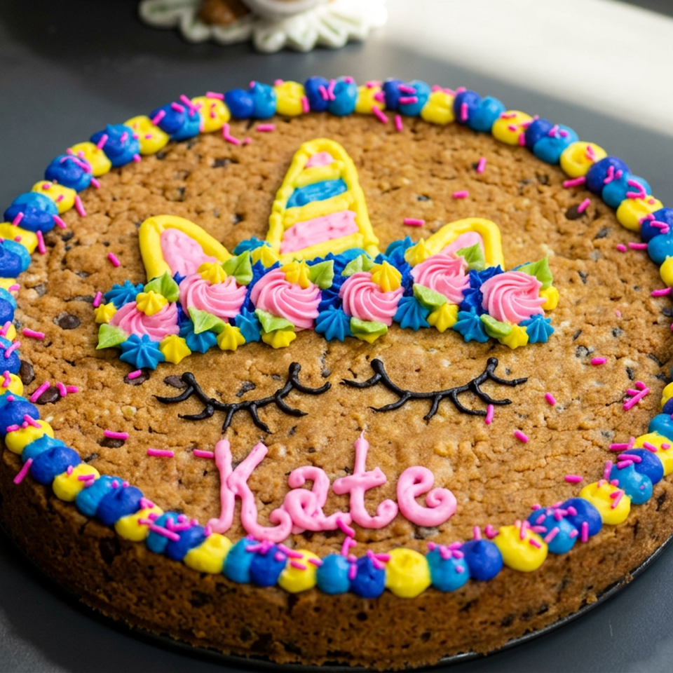 Colorfully decorated cookie cake featuring a unicorn, closed eyes, and pink icing spelling “Kate.”