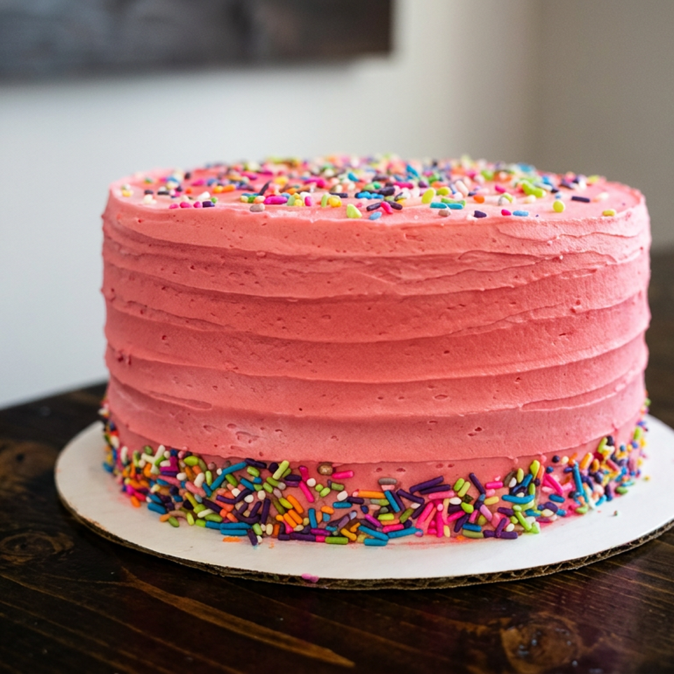 Pink frosted celebration cake covered with colorful sprinkles, displayed on a white cake board atop a dark wooden table.