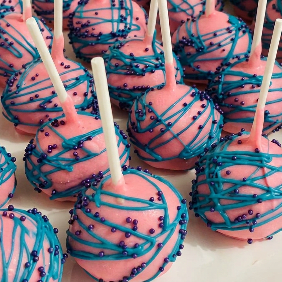 Pink cake pops decorated with turquoise drizzle and purple sprinkles, arranged closely on a white tray.