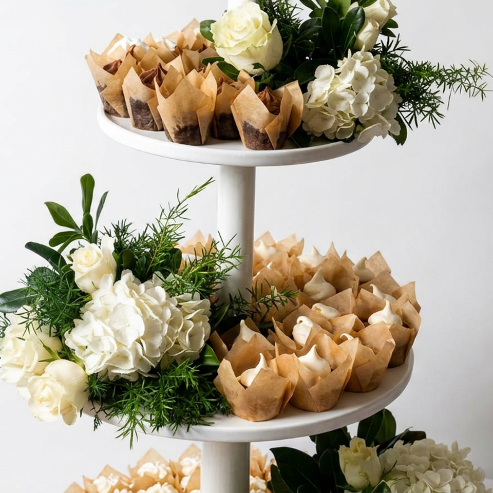 Three-tier white stand displays paper-wrapped pastries decorated with lush greenery and white flowers.