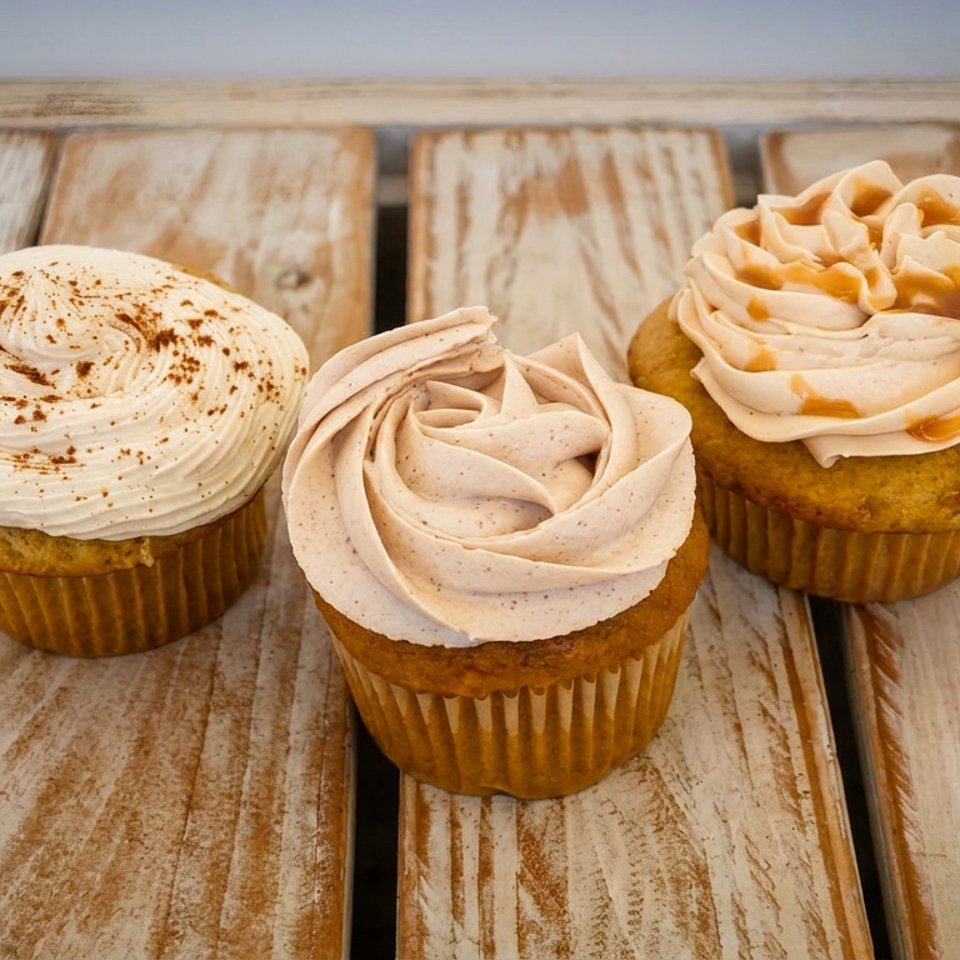 Three golden cupcakes topped with swirls of cream frosting sit on a rustic wooden table.