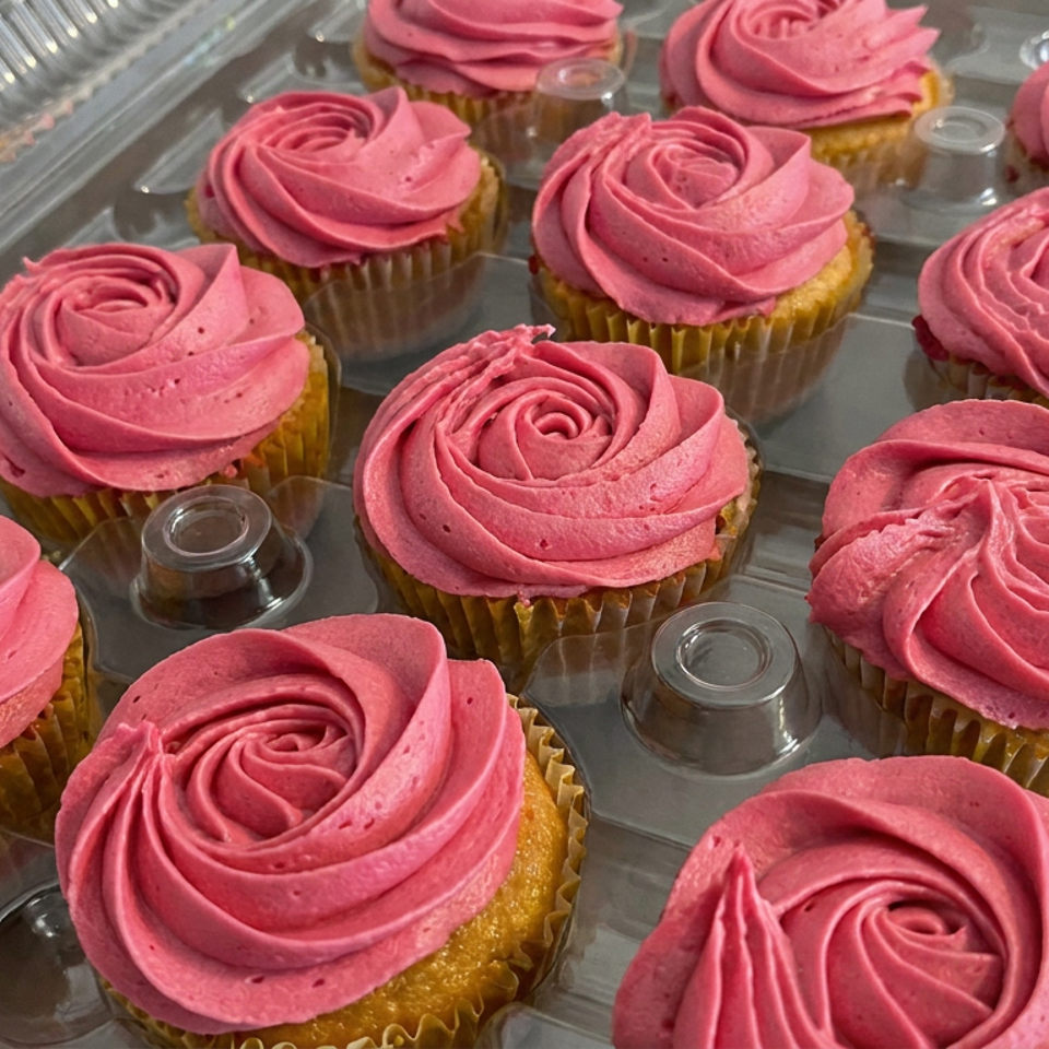 Tray of golden cupcakes topped with tall, rose-shaped pink frosting swirls.